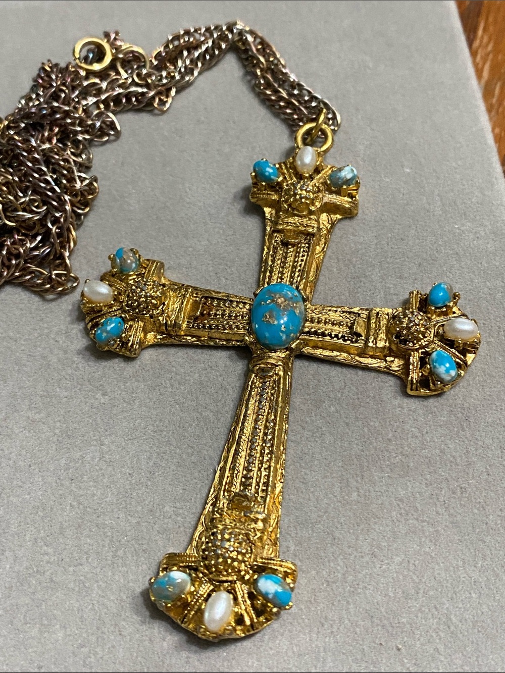 Byzantine Cross Pendant with Faux Turquoise Cabochons and Pearls